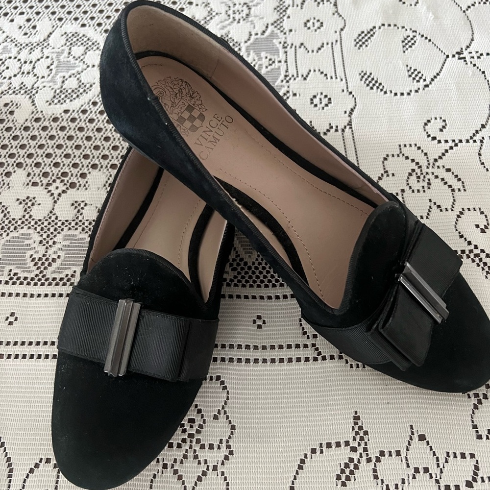 Vince Camuto Black Suede Bow Loafers with Gunmetal Accent